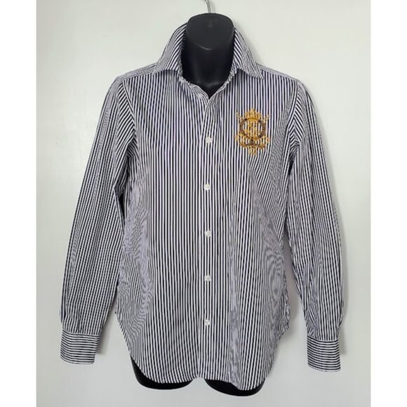 Ralph Lauren Navy White Striped Button Down Shirt Long Sleeve Crest Logo Sz 4 - Picture 1 of 7